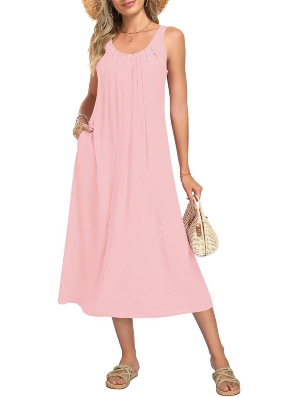 Women's Light Pink Summer Maxi Dress Sleeveless Back Hollow Out Long Beach Dress
